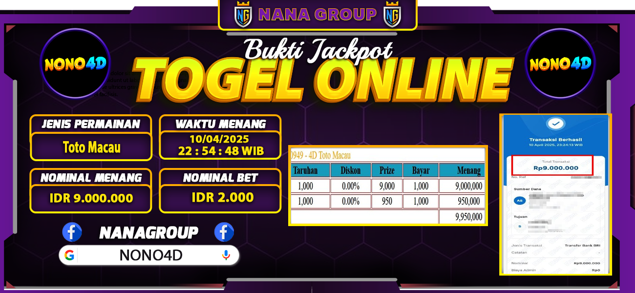 Bukti Kemenangan Besar Dibayar lunas Member NONO4D RP 9.000.000, 11 April 2025