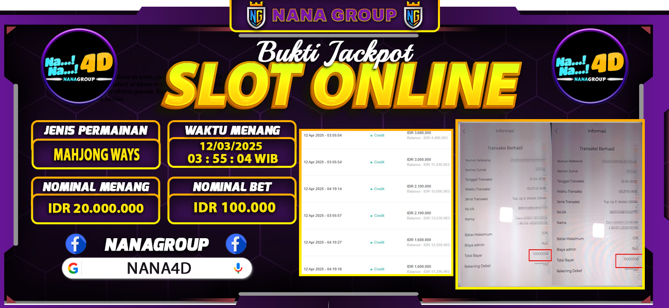 Bukti Kemenangan Besar Dibayar lunas Member NANA4D RP 20.000.000, 12 April 2025