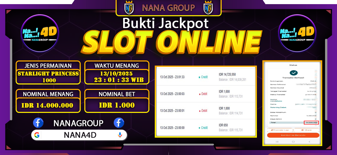 Bukti Kemenangan Besar Dibayar lunas Member NANA4D RP 14.000.000, 14 Oktober 2025
