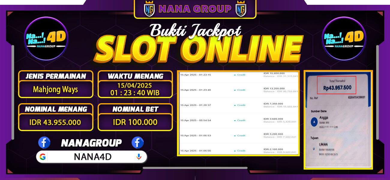 Bukti Kemenangan Besar Dibayar lunas Member NANA4D RP 43.955.000, 15 April 2025