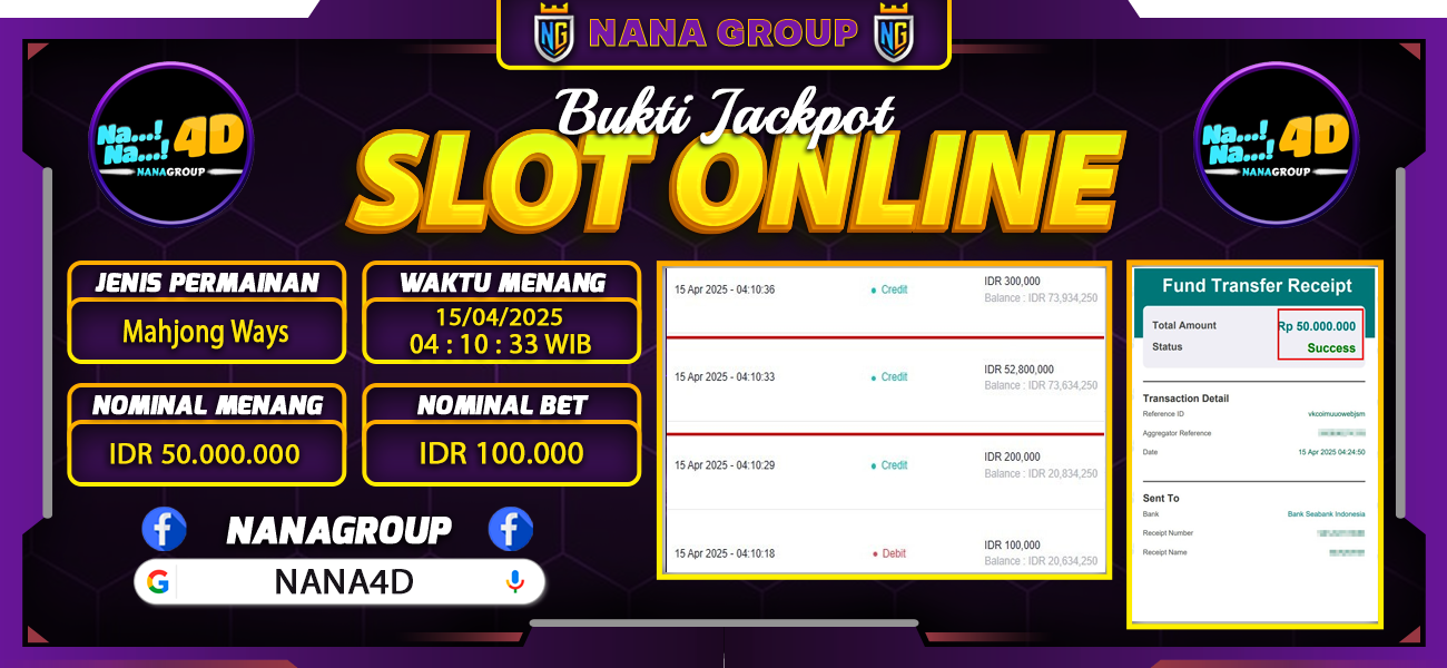 Bukti Kemenangan Besar Dibayar lunas Member NANA4D RP 50.000.000, 15 April 2025
