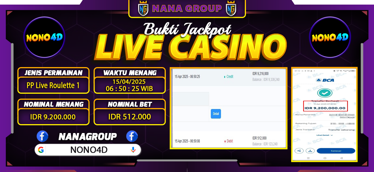 Bukti Kemenangan Besar Dibayar lunas Member NONO4D RP 9.200.000, 15 April 2025