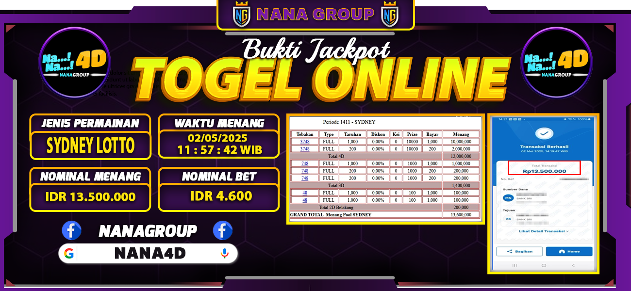 Bukti Kemenangan Besar Dibayar lunas Member NANA4D RP 13.500.000, 2 Mei 2025