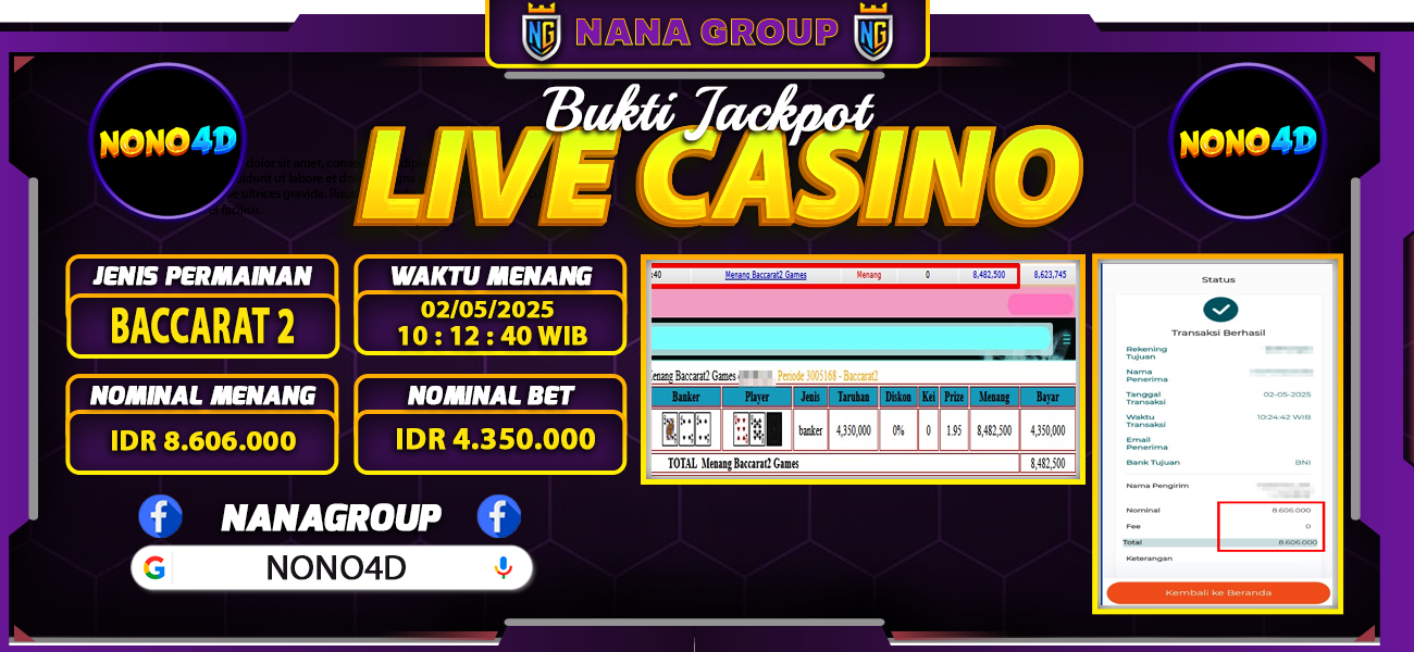 Bukti Kemenangan Besar Dibayar lunas Member NONO4D RP 8.606.000, 2 Mei 2025