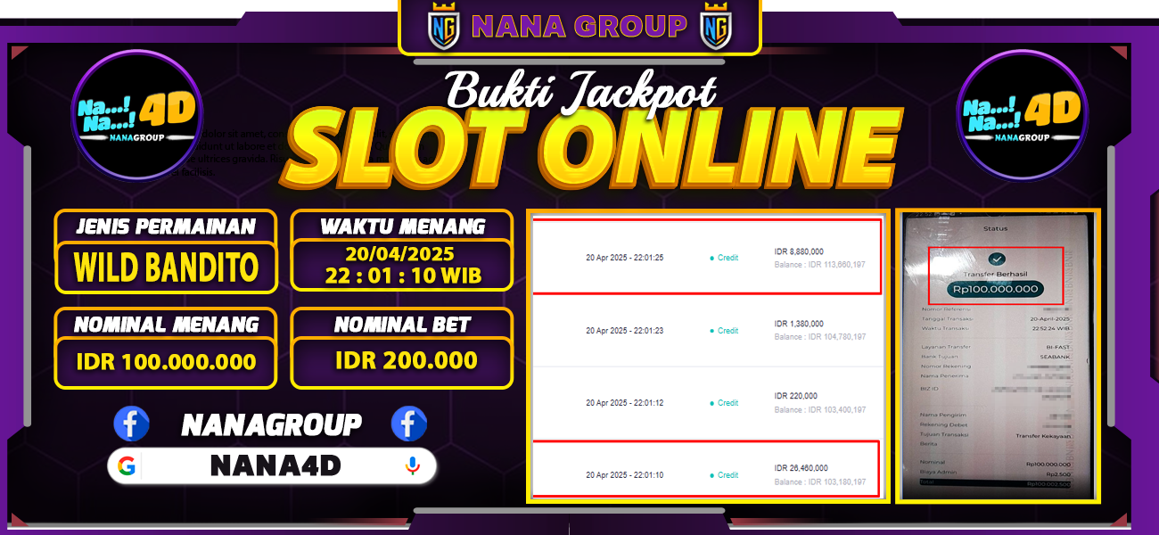 Bukti Kemenangan Besar Dibayar lunas Member NANA4D RP 100.000.000, 20 April 2025