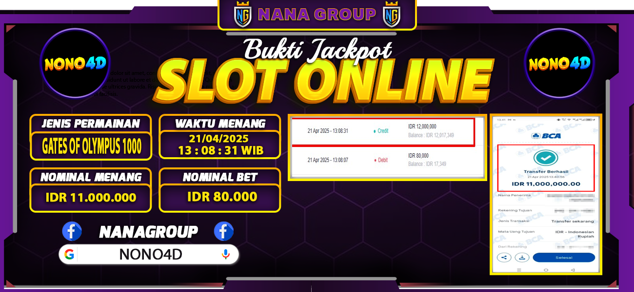 Bukti Kemenangan Besar Dibayar lunas Member NONO4D RP 11.000.000, 21 April 2025